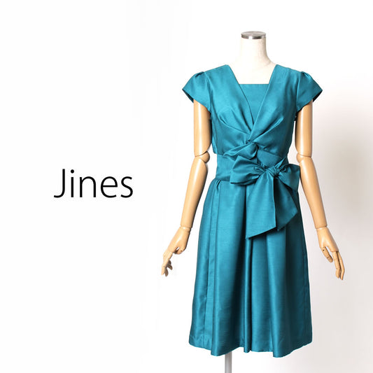シャンタン バルーン変化 リボンベルト付き 裾2WAY  ドレス(Mサイズ／グリーン／Jines(ジネス))USED