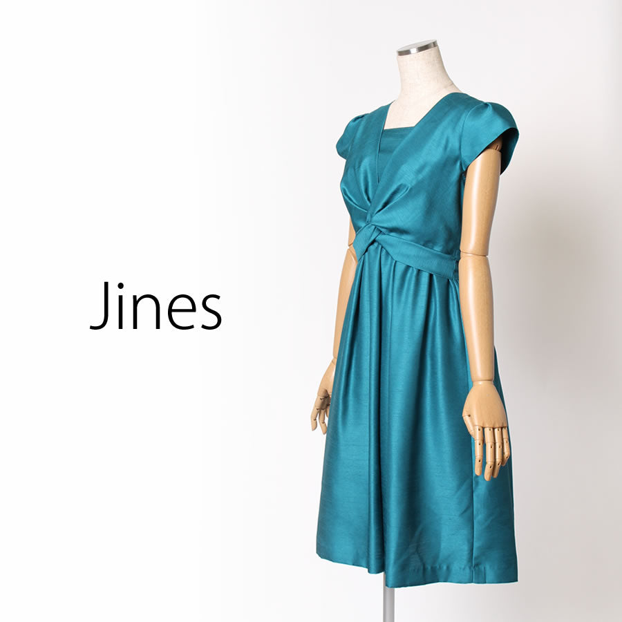 シャンタン バルーン変化 リボンベルト付き 裾2WAY  ドレス(Mサイズ／グリーン／Jines(ジネス))USED