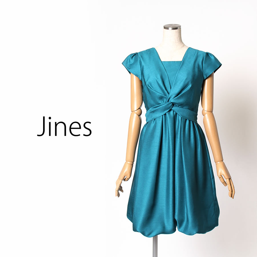 シャンタン バルーン変化 リボンベルト付き 裾2WAY  ドレス(Mサイズ／グリーン／Jines(ジネス))USED