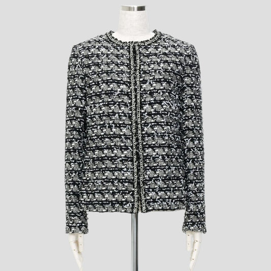 ファンシーツイード ノーカラージャケット(Mサイズ／ネイビー／自由区(ジユウク))USED