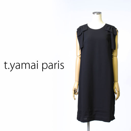 Stretch Twill リボン ショルダー ワンピース(Mサイズ／ブラック／t.yamai paris(ティ ヤマイ パリ))