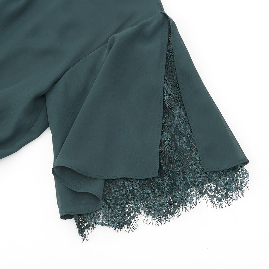 レース使いロングワンピースドレス(Lサイズ／グリーン／trattoria(トラットリア))