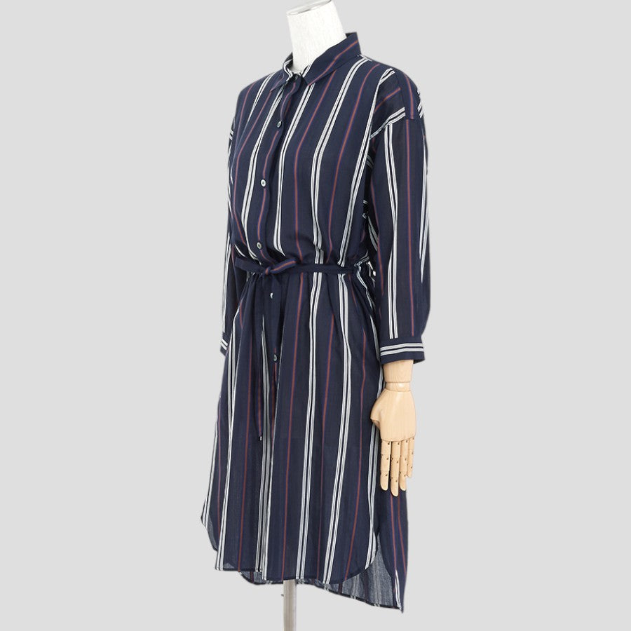 ストライプシャツワンピース(Mサイズ／ネイビー／TRANS WORK(トランスワーク))USED