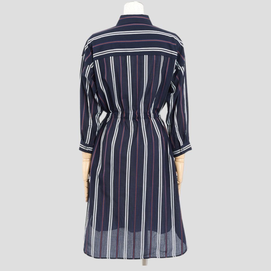 ストライプシャツワンピース(Mサイズ／ネイビー／TRANS WORK(トランスワーク))USED