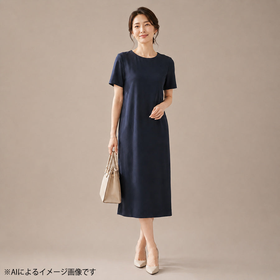 バックサテンジョーゼットワンピース(Mサイズ／ネイビー／TRANS WORK(トランスワーク))USED