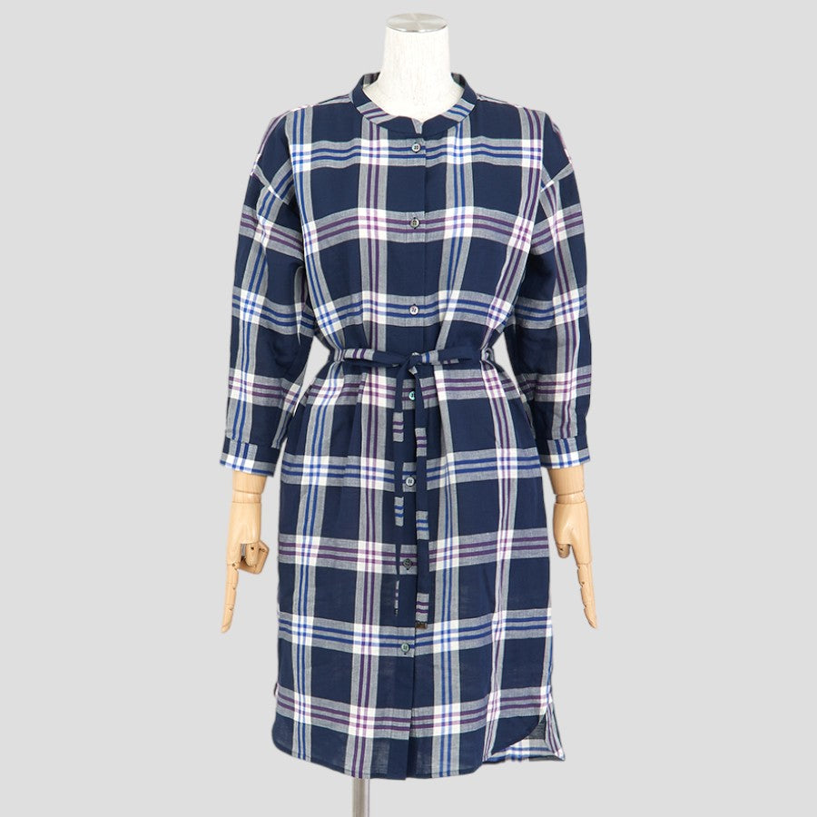 ダブルラインチェックワンピース(Mサイズ／ネイビー／TRANS WORK(トランスワーク))USED