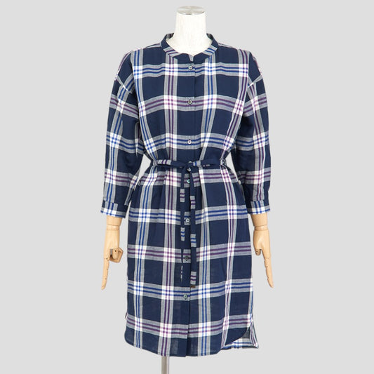 ダブルラインチェックワンピース(Mサイズ／ネイビー／TRANS WORK(トランスワーク))USED