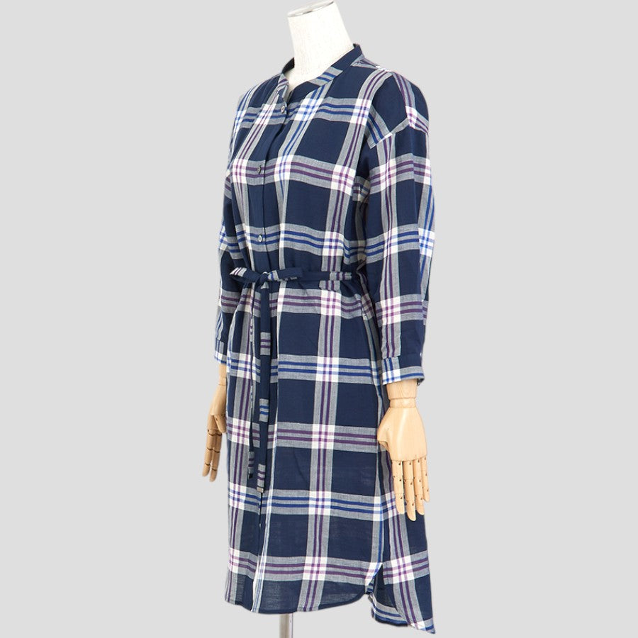 ダブルラインチェックワンピース(Mサイズ／ネイビー／TRANS WORK(トランスワーク))USED