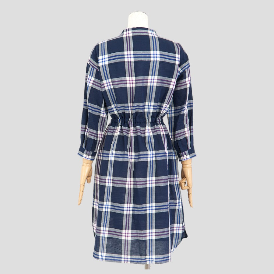 ダブルラインチェックワンピース(Mサイズ／ネイビー／TRANS WORK(トランスワーク))USED