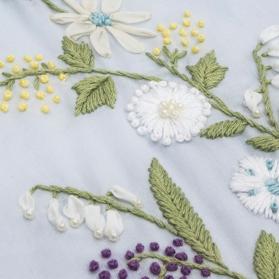 フラワー刺しゅうフレアワンピース(Sサイズ／ブルー・水色／anatelier(アナトリエ))USED