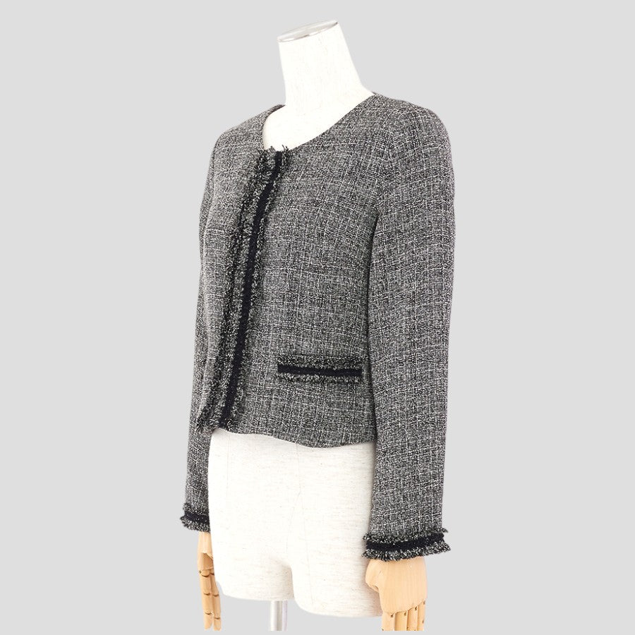 ノーカラージャケット&フレアワンピースフリンジデザインセットアップスーツ(Lサイズ／グレー／GIRL(ガール)),春,秋,冬,USED