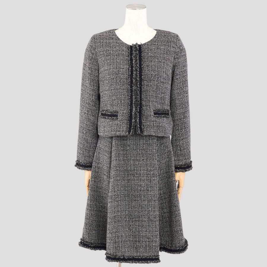 ノーカラージャケット&フレアワンピースフリンジデザインセットアップスーツ(Lサイズ／グレー／GIRL(ガール)),春,秋,冬,USED