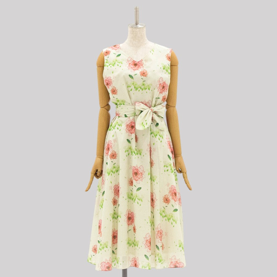 水彩 花柄 ワンピース(Sサイズ／グリーン／ENRICO DOMANI(エンリコドマーニ))USED