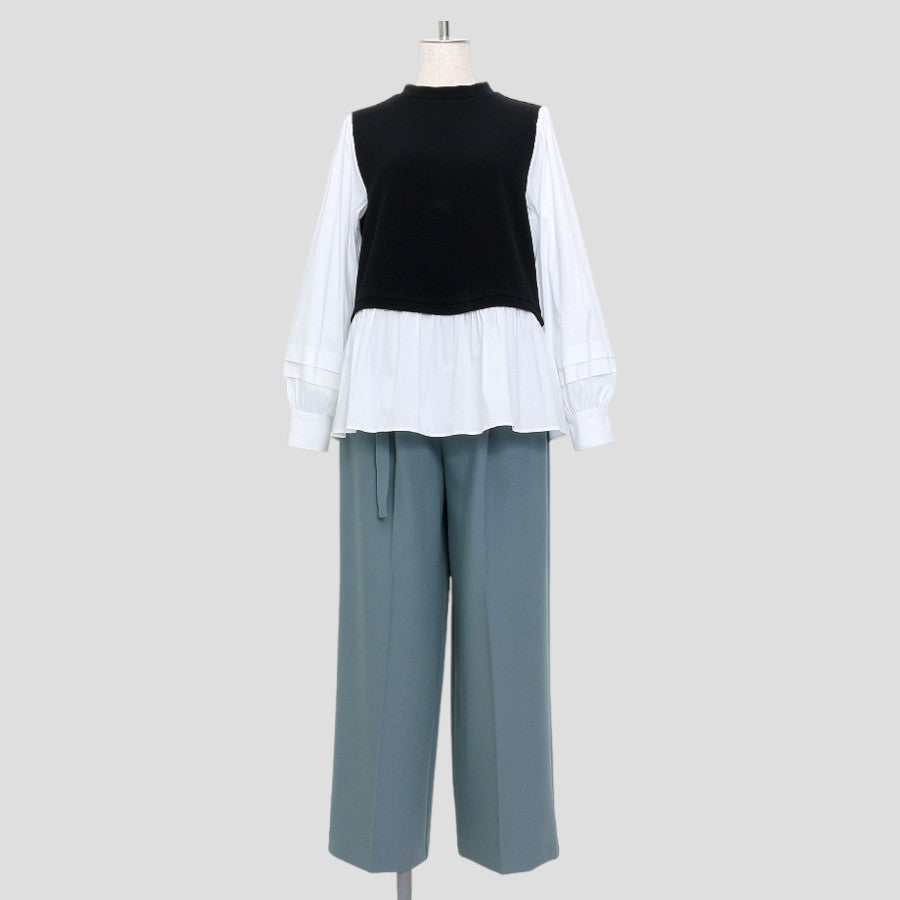 レイヤードライクブラウス＆タックパンツ(Mサイズ／ブラック／ENRICO DOMANI(エンリコドマーニ)),春,秋,冬,USED