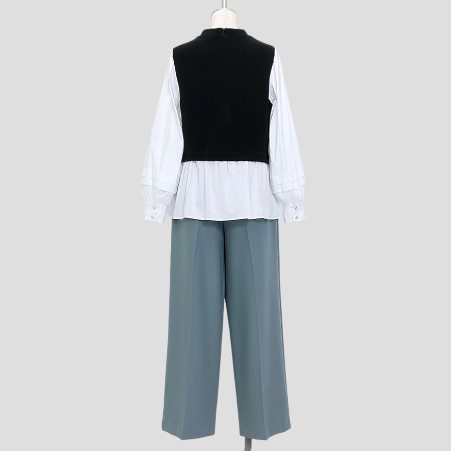 レイヤードライクブラウス＆タックパンツ(Mサイズ／ブラック／ENRICO DOMANI(エンリコドマーニ)),春,秋,冬,USED