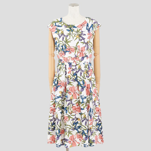 麻混フラワープリントワンピース(Mサイズ／ホワイト／Verseau(ヴェルソー))USED