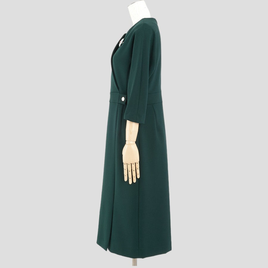 二重織Wストレッチ・ビジュー付ワンピース(Mサイズ／グリーン／DoCLASSE(ドゥクラッセ)),春,秋,冬,USED