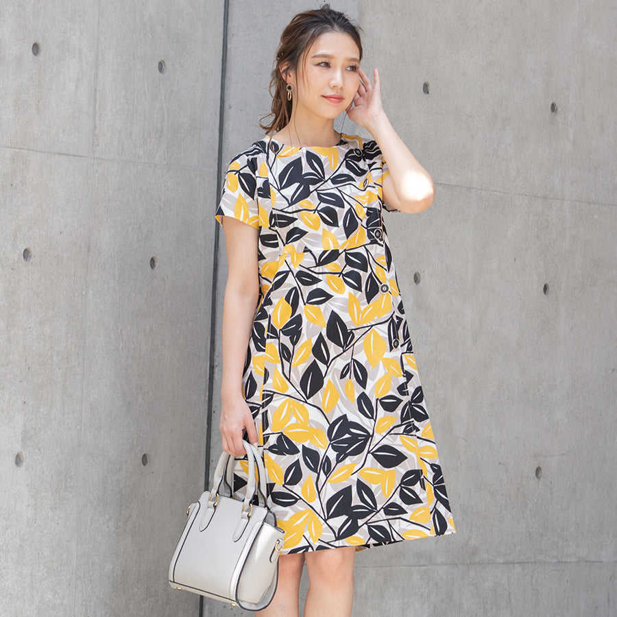 ストレッチピケ・ボタンワンピース(Lサイズ／イエロー／DoCLASSE(ドゥクラッセ))USED