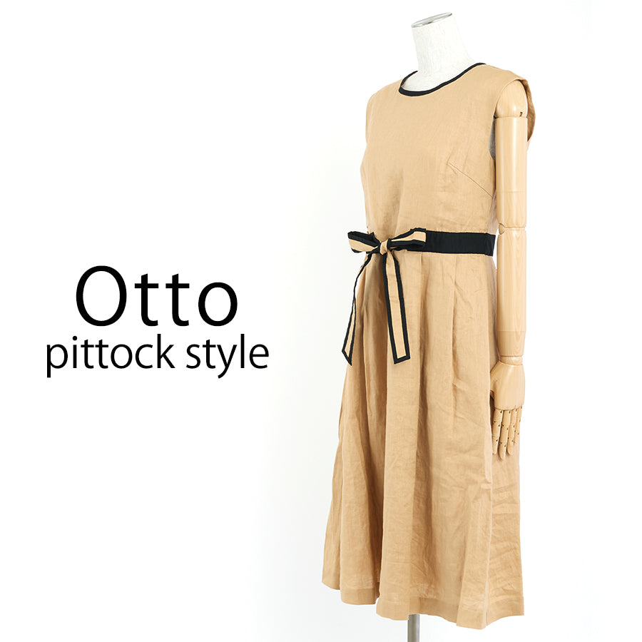 リネン配色ワンピース(Mサイズ／ベージュ／Otto pittock style(オットー ピトックスタイル)),夏,USED