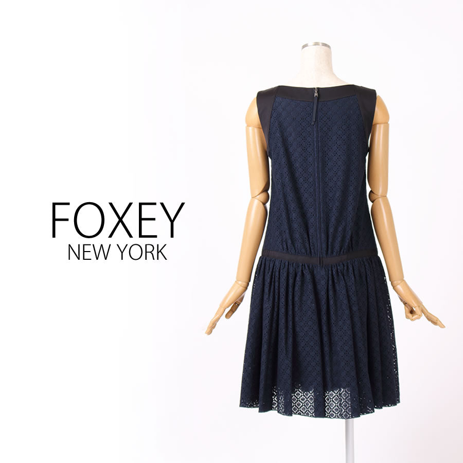 ノースリーブ?レース?ギャザー?ワンピース(Mサイズ／ネイビー／FOXEY(フォクシー))