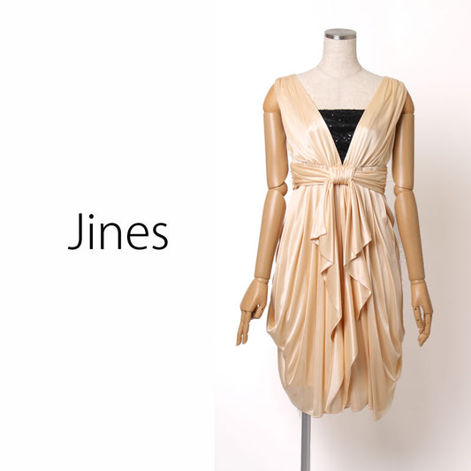 サテンジャージ ウエストギャザー ドレス(Mサイズ／ベージュ／Jines(ジネス))USED