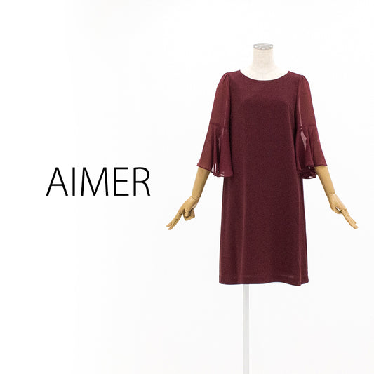フレアスリーブ・ジョーゼット ワンピース ドレス(Mサイズ／パープル・ワイン・ボルドー／AIMER(エメ))