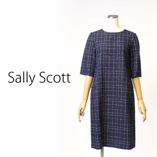 ラインチェック クロス ドレス(Mサイズ／ネイビー／Sally Scott(サリー・スコット))
