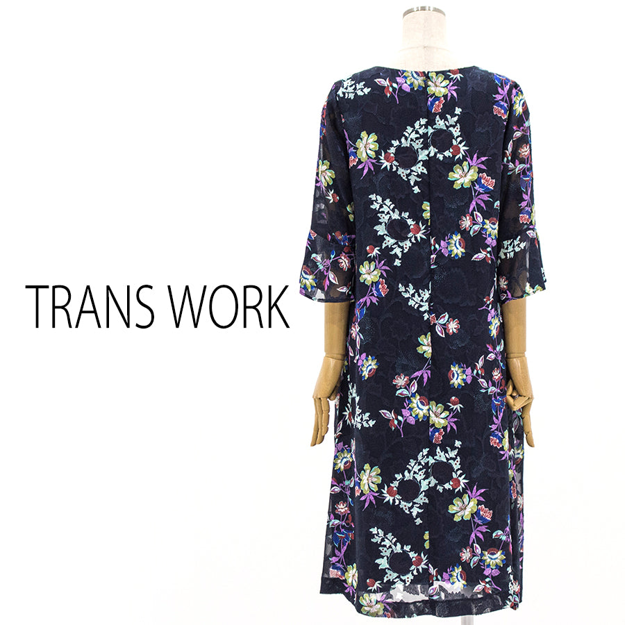 フラワーカットジャカードドレス (Lサイズ／ネイビー／TRANS WORK(トランスワーク))