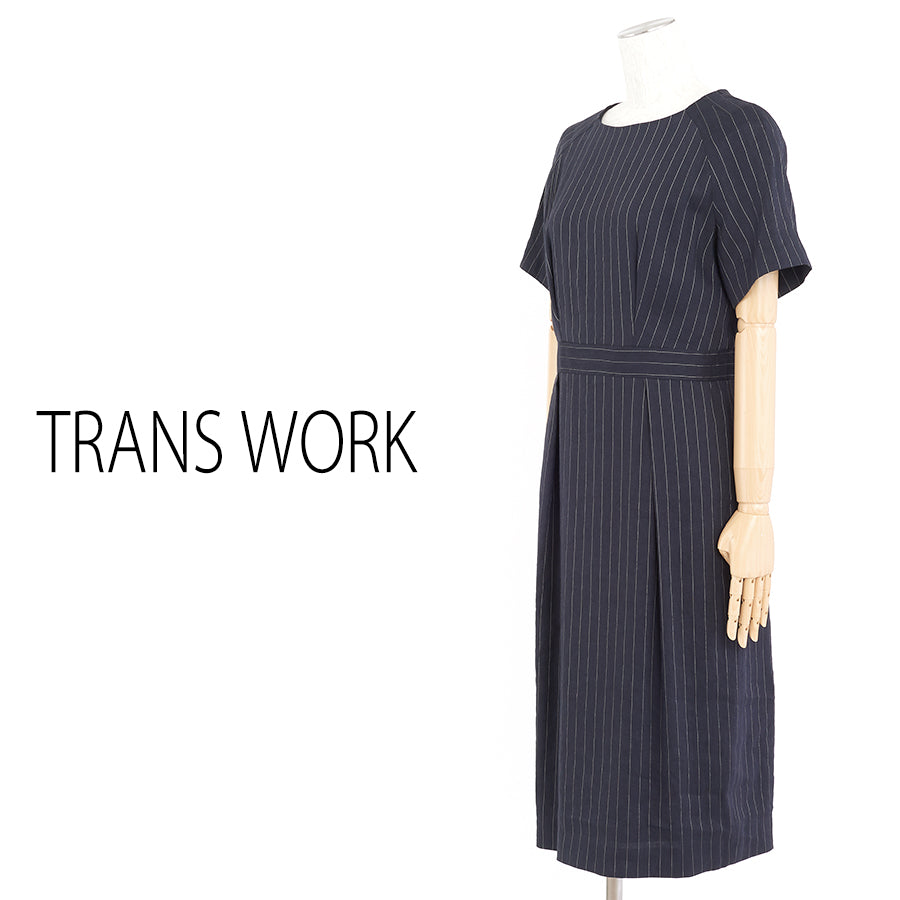 リネンストレッチドレス(Lサイズ／ネイビー／TRANS WORK(トランスワーク))