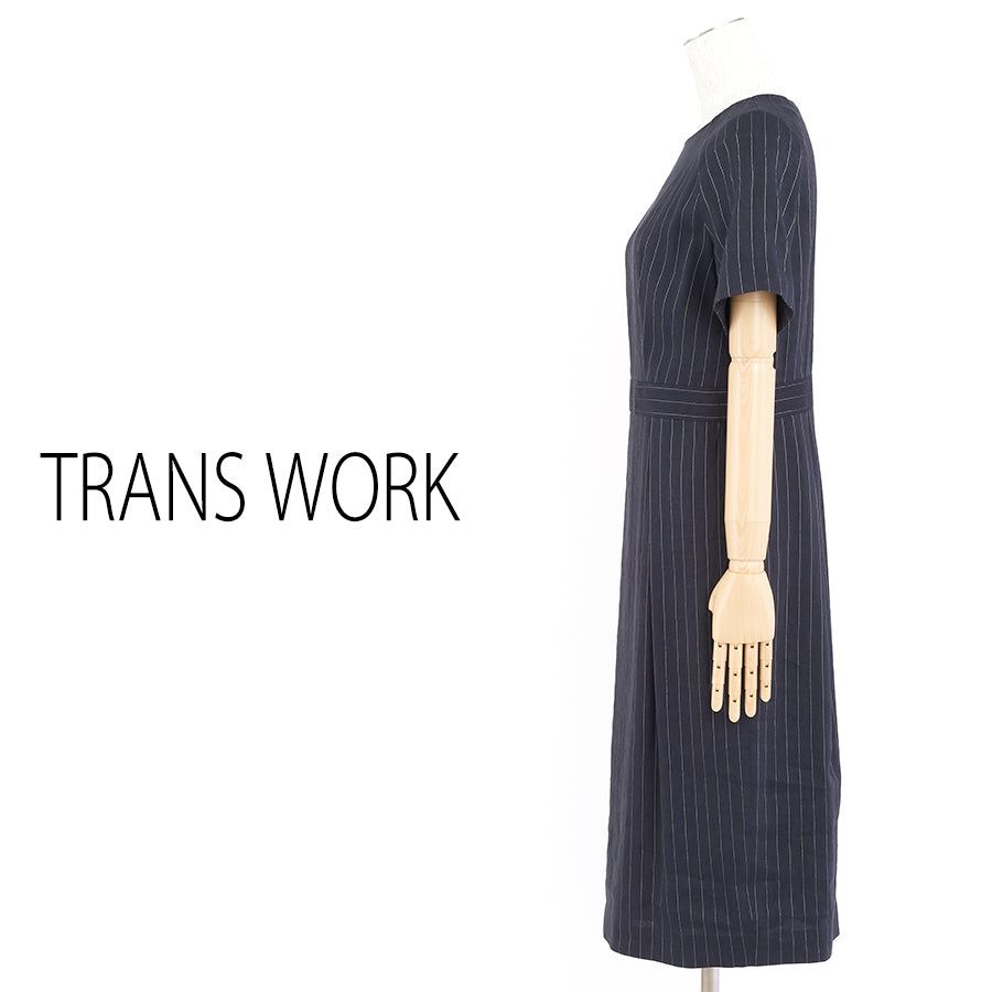 リネンストレッチドレス(Lサイズ／ネイビー／TRANS WORK(トランスワーク))
