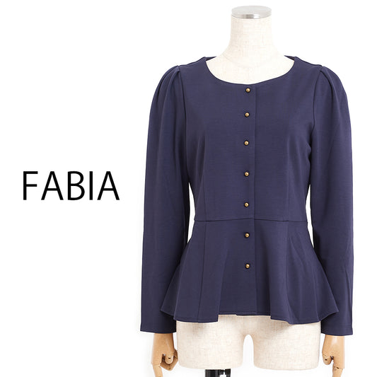 ペプラムジャージーノーカラージャケット(Mサイズ／ネイビー／FABIA(ファビア))USED
