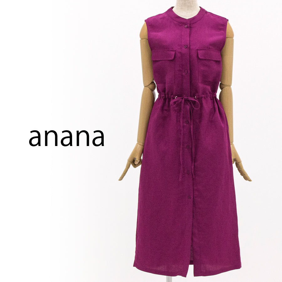 ポケット付 ノースリーブ リネン ワンピース(Mサイズ／パープル・ワイン・ボルドー／anana(アナナ))