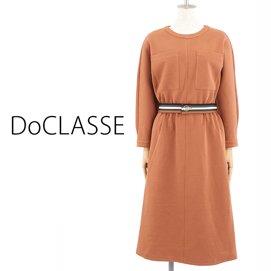 ウール混ポンチ・ベルト付きワンピース(Lサイズ／ブラウン／DoCLASSE(ドゥクラッセ))