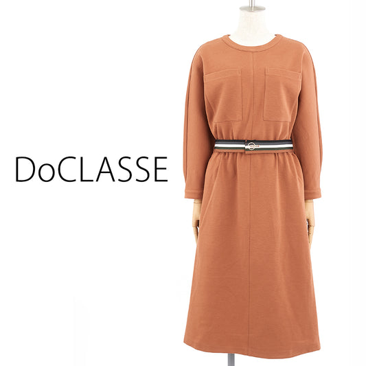 ウール混ポンチ・ベルト付きワンピース(Mサイズ／ブラウン／DoCLASSE(ドゥクラッセ))