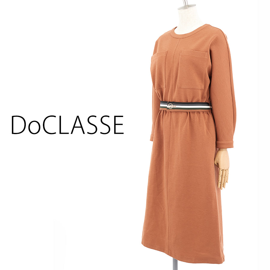 ウール混ポンチ・ベルト付きワンピース(Lサイズ／ブラウン／DoCLASSE(ドゥクラッセ))