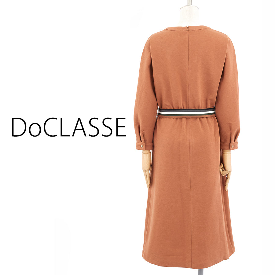 ウール混ポンチ・ベルト付きワンピース(Lサイズ／ブラウン／DoCLASSE(ドゥクラッセ))
