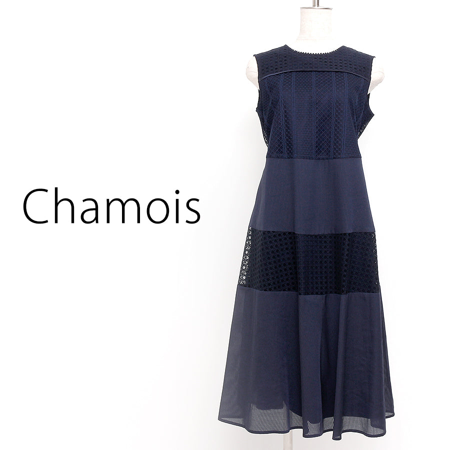 異素材切替ワンピース(Lサイズ／ネイビー／Chamois(シャミー))